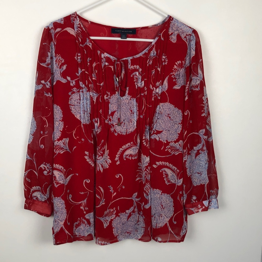 Tommy Hilfiger Red Floral Tie-Neck Blouse Large